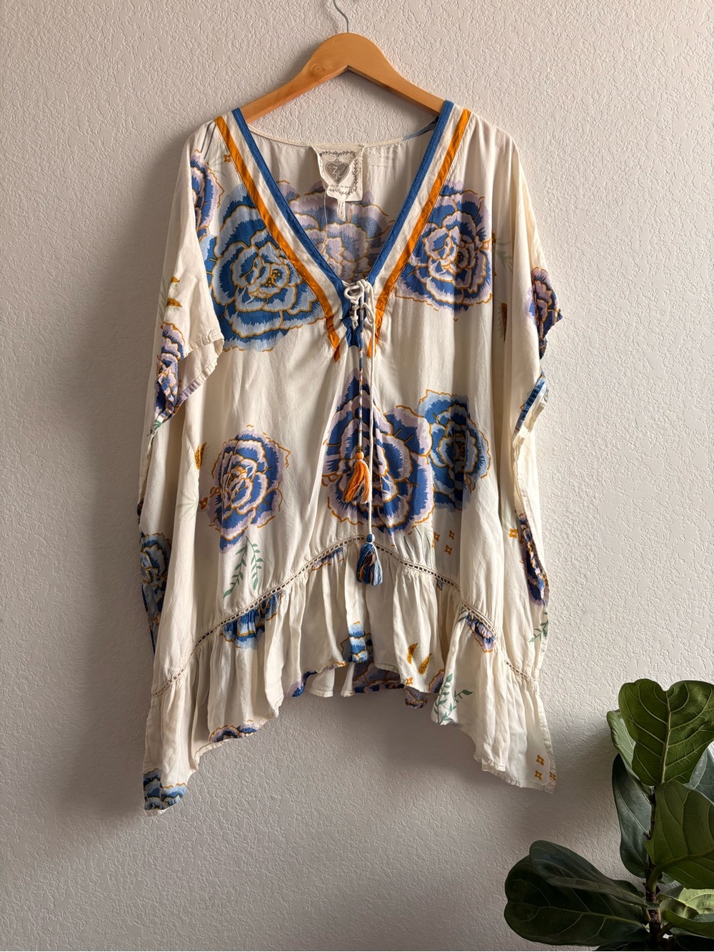 Boho Floral Z&L white blue flowers  print tunic cover up LARGE